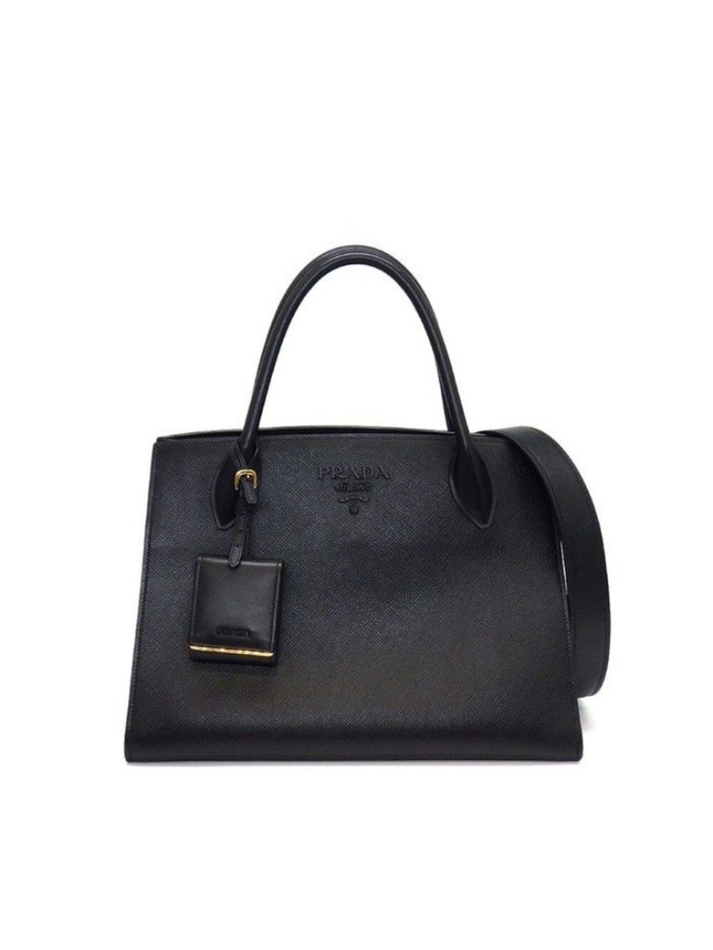 Prada Handbag Monochrome Medium Black Saffiano Cuirno Leather Gold
